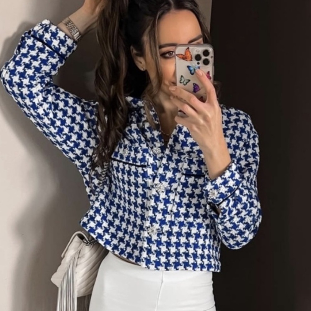 Blue and White Houndstooth Blazer